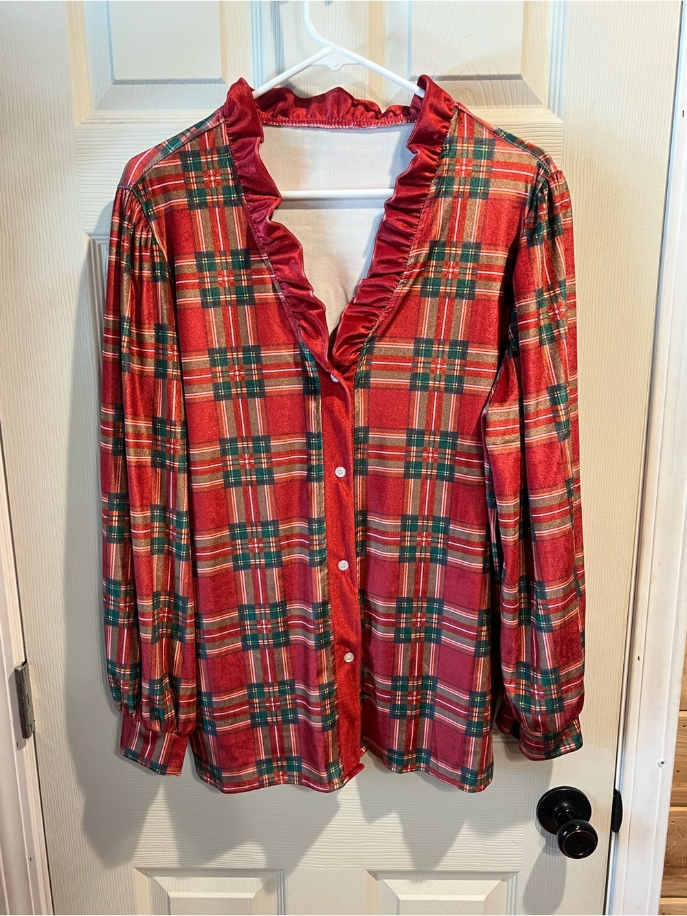 Red Plaid Ruffle-Trim Button Front Blouse